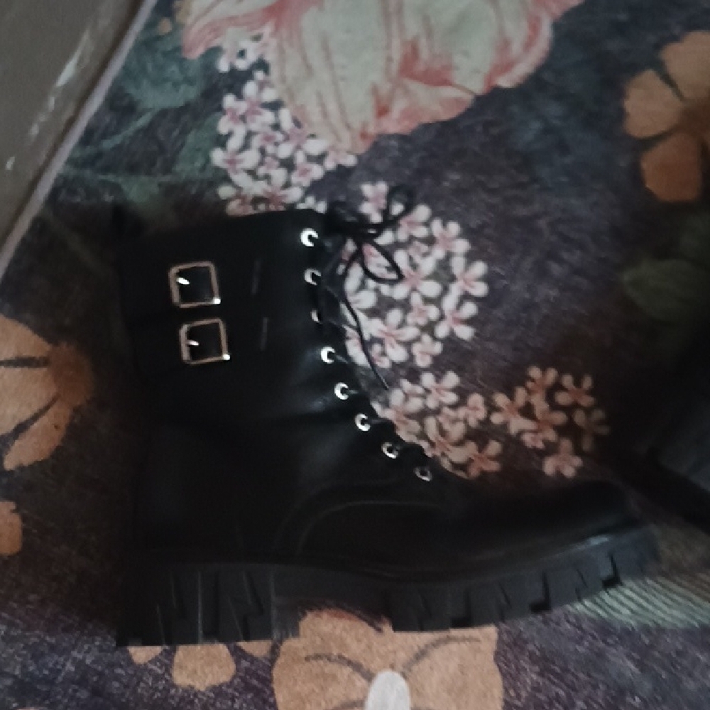 Black Combat Boots with Silver Buckle And Zipper Detail - Picture 6 of 7